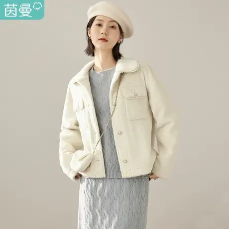 茵曼2023冬女装新款休闲翻领落肩仿水貂毛配送包包宽松外套上衣图片