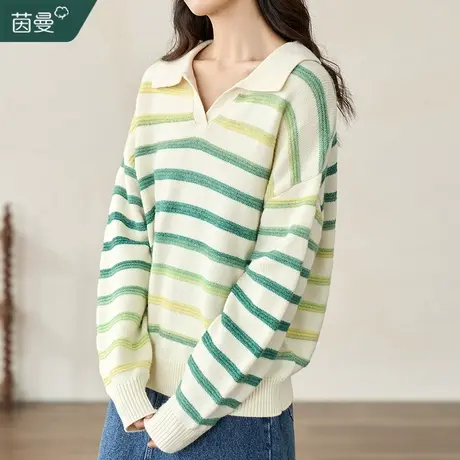 茵曼马海毛条纹翻领毛衣女2023冬季新款长袖套头针织衫外穿上衣图片