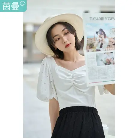 茵曼法式方领t恤女士2023年夏季新款拼接提花泡泡袖气质显瘦上衣图片