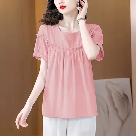 气质短袖t恤女夏季2023年新款褶皱宽松显瘦遮肉设计感雪纺衬衫女图片