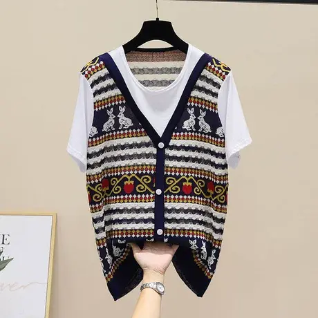 假两件t恤女夏设计感小众洋气宽松小香风短袖绿色冰丝针织衫上衣商品大图