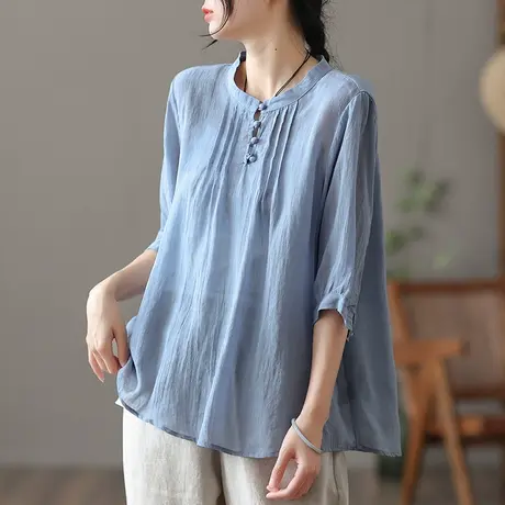 dza 文艺复古苎麻上衣女士短袖夏薄款气质七分袖宽松盘扣棉麻衬衣商品大图