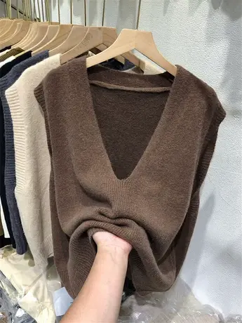 V领针织无袖马甲2022秋季新款女装复古高级宽松百搭马夹慵懒上衣商品大图