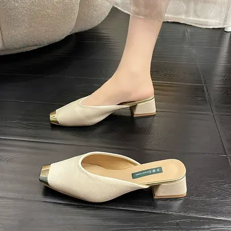 金属方头粗跟包头半拖鞋女外穿2023新款凉鞋夏季女鞋法式穆勒凉拖商品大图