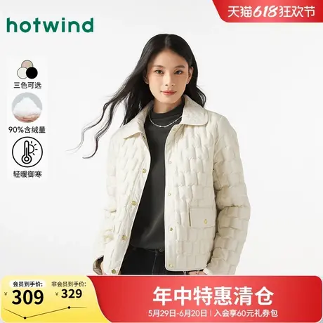 热风2024年冬季新款女士翻领压胶轻薄羽绒服短款舒适百搭鸭绒外套图片