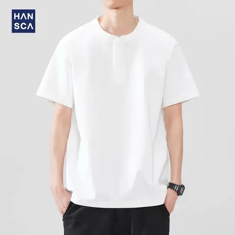 hansca 250g重磅宽松短袖T恤男款夏季纯棉2025新款复古亨利领上衣商品大图