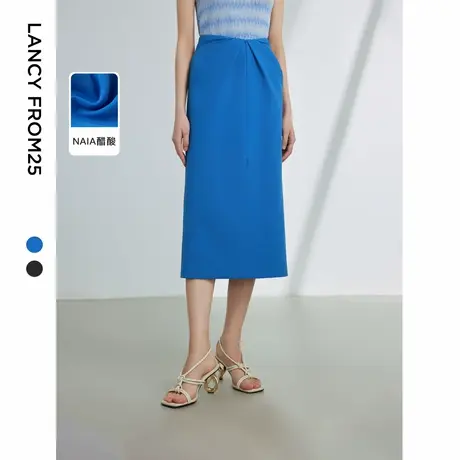 朗姿法式复古褶皱设计感直筒裙子女2024夏季新款高级感气质半身裙图片