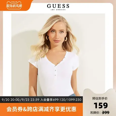 GUESS女法式修身甜辣百搭V领镶钻短袖正肩T恤上衣-W0GI62R9I50图片