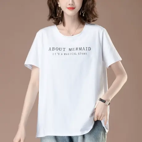 短袖T恤女夏季新款加肥加大码女装宽松妈妈纯棉字母显瘦圆领体恤商品大图