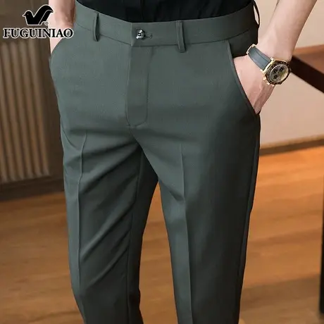 富贵鸟休闲长裤男士2025夏季新款修身小脚潮牌墨绿色九分西裤子男商品大图