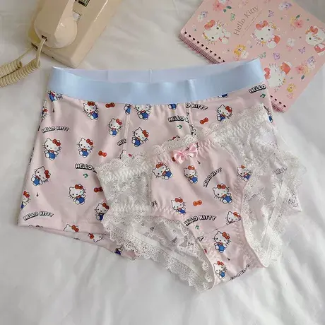 甜甜猫咪~冰丝情侣内裤夏季新款一男一女可爱蕾丝三角裤平角短裤图片