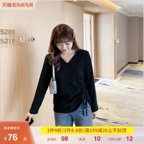 2023秋装新款大码毛衣V领显瘦不规则抽绳绑带蝴蝶结针织上衣胖MM商品大图