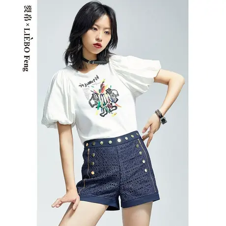裂帛LIEBOFeng2023年夏季新国潮泡泡袖复古印花珠片白色短袖T恤女商品大图