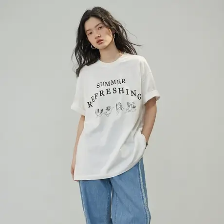 omont蛋挞家天使印花短袖t恤女2023新款夏季休闲宽松纯棉体恤上衣商品大图