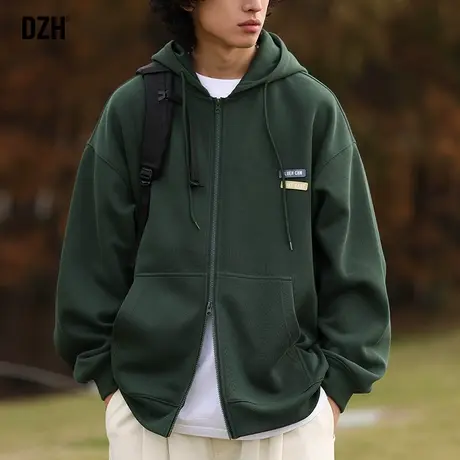 男生墨绿色连帽外套男潮流百搭秋季开衫卫衣2023新款双头拉链上衣商品大图