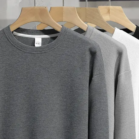 2023新款华夫格卫衣男春秋款宽松潮流圆领上衣服纯色无帽长袖t恤商品大图