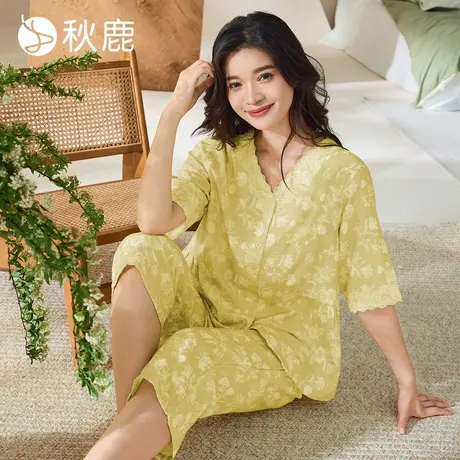秋鹿【直播专享】睡衣女双层纱纯棉夏季五分袖遮肉显瘦家居服套装商品大图