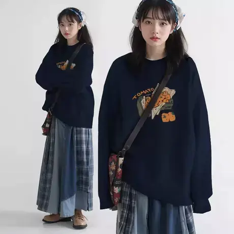 圆领秋冬款卫衣女装2025新款长袖宽松加厚加绒藏蓝色外套大版上衣商品大图