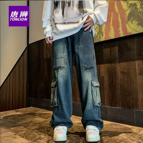 唐狮秋季新款时尚百搭痞帅多个口袋工装裤宽松直筒休闲阔腿裤AX图片