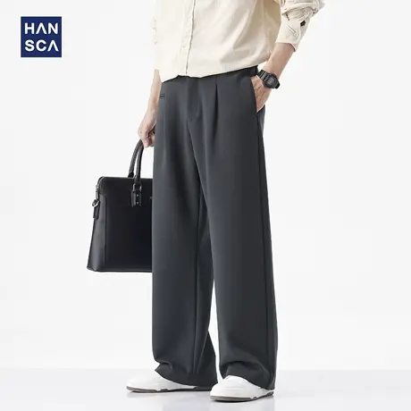 hansca厚针织细条纹宽松阔腿休闲裤男秋季直筒松弛感压褶保暖西裤商品大图