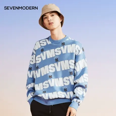 【商场同款】柒牌清仓潮牌SVNMDN毛衣男时尚休闲长袖圆领印花毛衫商品大图