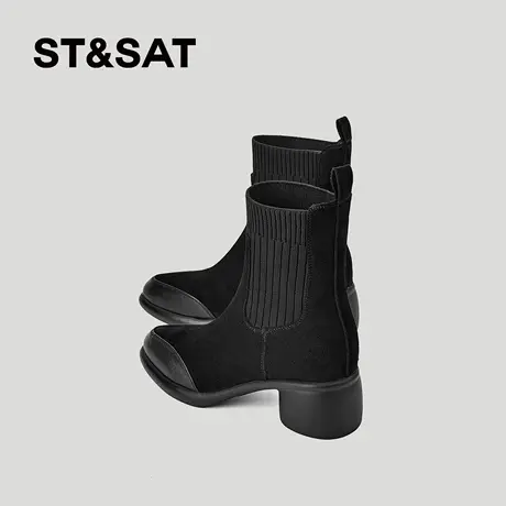 星期六黑色弹力瘦瘦靴女冬尖头短靴粗跟针织袜靴百搭显瘦加绒靴子商品大图