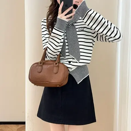 唐狮秋冬季毛衣外套女条纹系带设计感针织开衫慵懒高级感上衣tu图片