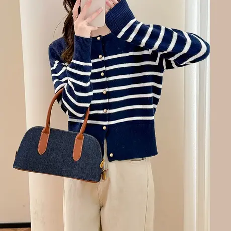 唐狮秋冬季女毛衣高级气质风条纹圆领开衫学院红色费尔岛外套TD图片