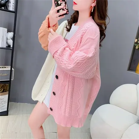 中长款针织开衫女秋季2023年新款宽松慵懒风拼色麻花百搭毛衣外套商品大图