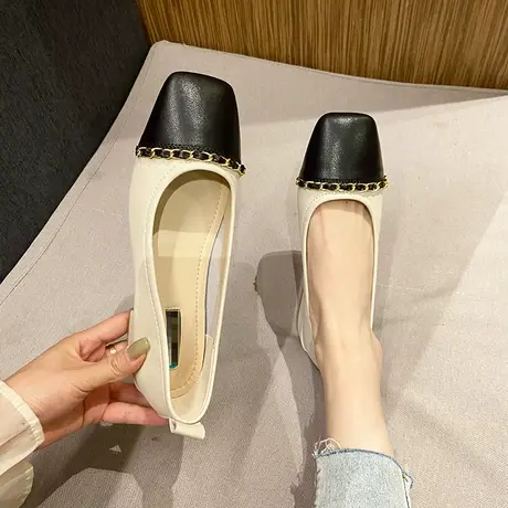 小香风单鞋女低跟2023新款秋冬方头拼色玛丽珍鞋粗跟高跟鞋不累脚商品大图