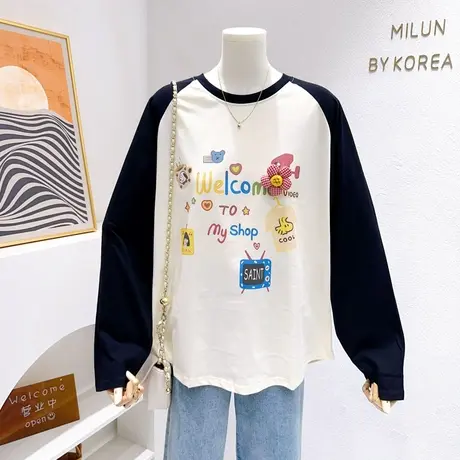 ins日系童趣卡通涂鸦花朵长袖T恤奶油风2023秋冬款打底上衣插肩袖商品大图