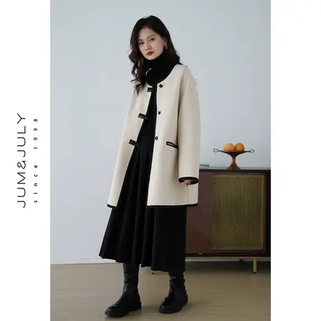 嘉茱莉2023秋冬新款绵羊毛双面呢大衣女小个子毛呢外套撞色包边商品大图