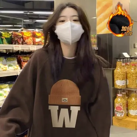 美式慵懒风圆领卫衣加绒加厚女2023秋冬新款宽松oversize长袖上衣图片