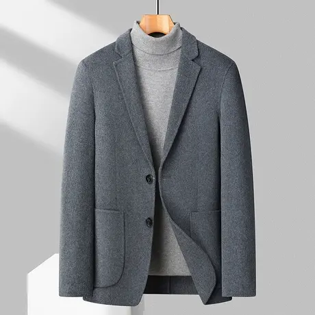 灰色双面呢西装外套男士秋冬季短款大衣商务休闲羊毛呢子西服上衣商品大图