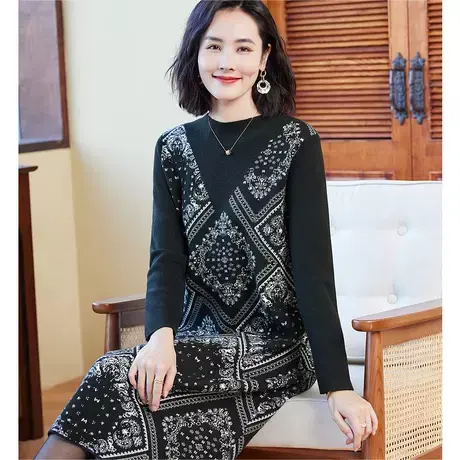 爱朴大码女装2023秋冬新款时尚欧式花纹图案气质显瘦打底连衣裙女图片