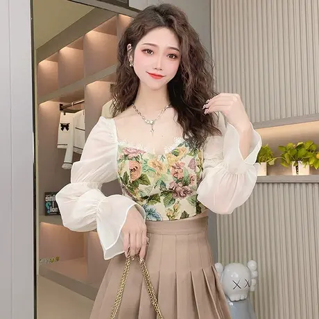 复古油画感上衣女泡泡袖长袖夏法式仙气衬衫显瘦宫廷风方领雪纺衫图片