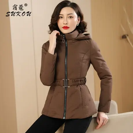 咖啡色立领带帽气质短款羽绒服女2023冬装新款修身显瘦白鸭绒外套商品大图