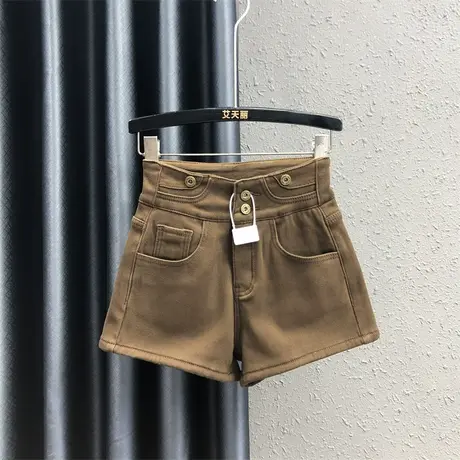 欧货美拉德风阔腿裤女2023秋冬新款咖啡色休闲百搭加绒牛仔短裤潮图片