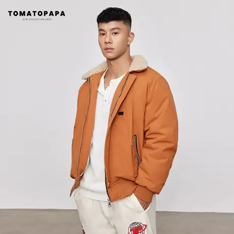 TOMATOPAPA冬季翻领飞行夹克保暖羊羔绒外套御寒纯色棉衣服男上衣图片