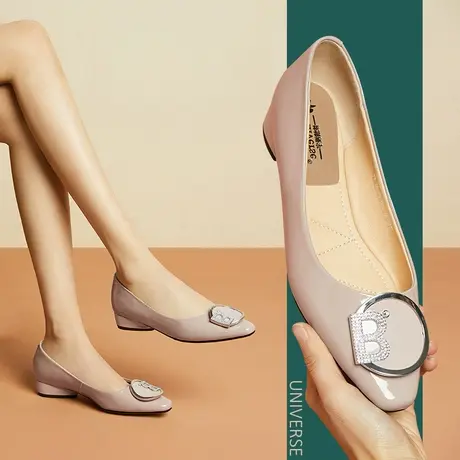 水钻低跟单鞋全皮软底女鞋防滑品牌时尚休闲春秋不磨脚浅口粗跟鞋商品大图