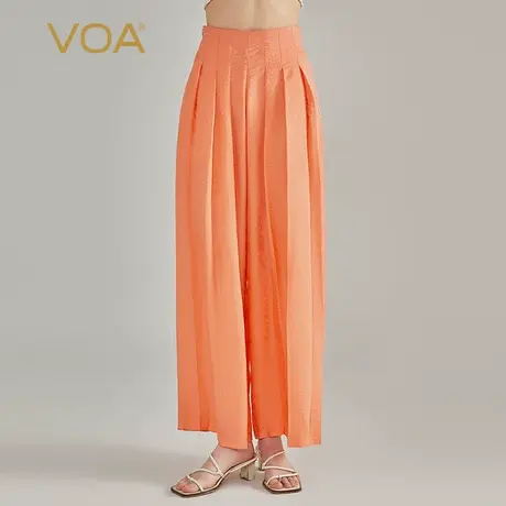 VOA真丝暗纹提花粉橙色连腰隐形拉链侧插口袋压褶简约时尚阔腿裤图片
