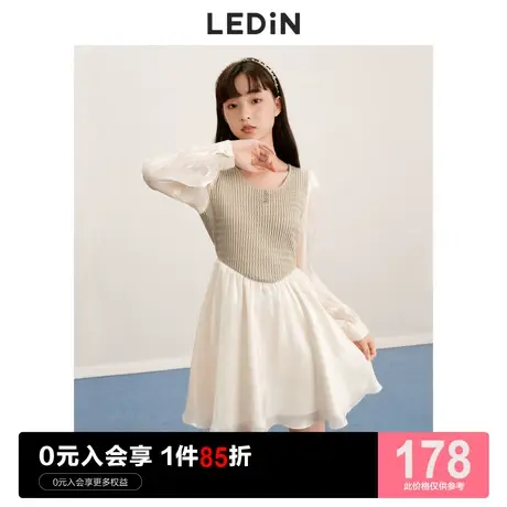 乐町针织拼接连衣裙休闲秋冬新款女法式雪纺鎏金纱短款遮肉裙子图片