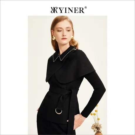 YINER音儿女装冬季羊毛法式钉珠翻领收腰挡风片上衣商品大图