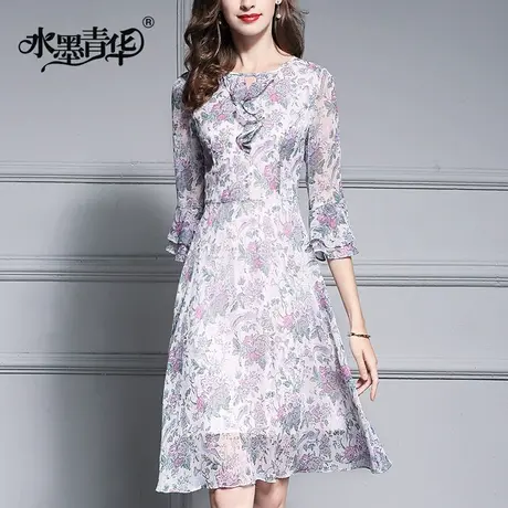 冬夏新款时尚荷叶边连衣裙简约修身优雅印花A字裙图片