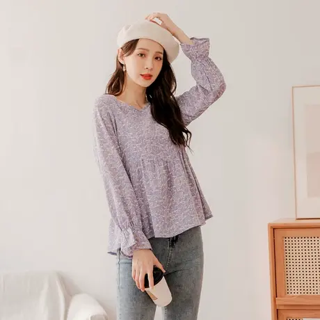 桔熊春秋季法式浪漫碎花荷叶袖收腰裙摆套头上衣森女大码AB16118商品大图