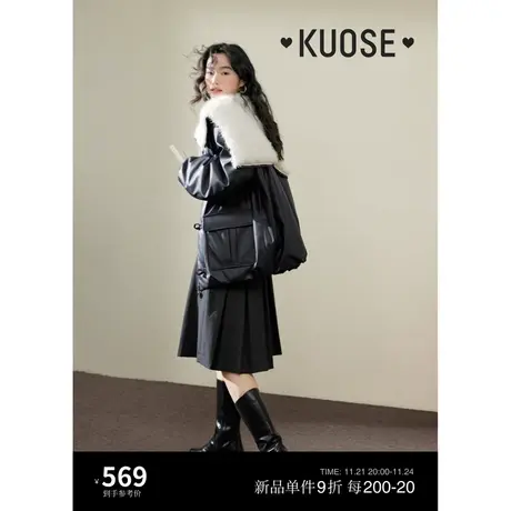 阔色夹棉蓝黑色皮衣女2023秋冬季新款翻领拼接棉服机车服夹克外套商品大图