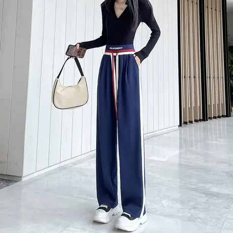 蓝色阔腿运动裤女春秋宽松休闲裤子抽绳显瘦条纹垂感高腰直筒卫裤商品大图