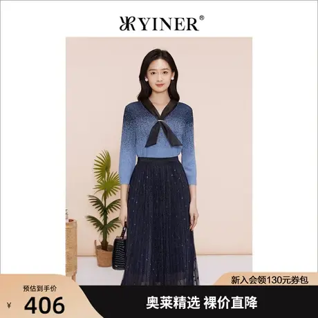 YINER音儿女装2023春季新款飘带领结渐变色针织衫商品大图