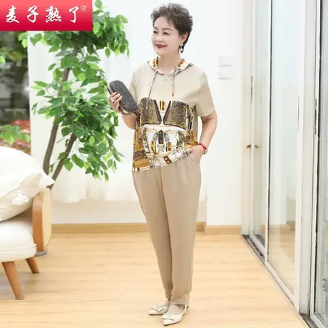 妈妈夏装短袖套装老年人宽松加肥印花两件阔太太上衣中老年女装商品大图