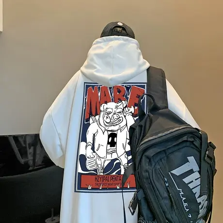 潮牌连帽卡通卫衣男春季新款宽松套头ins潮流白色情侣休闲上衣服商品大图